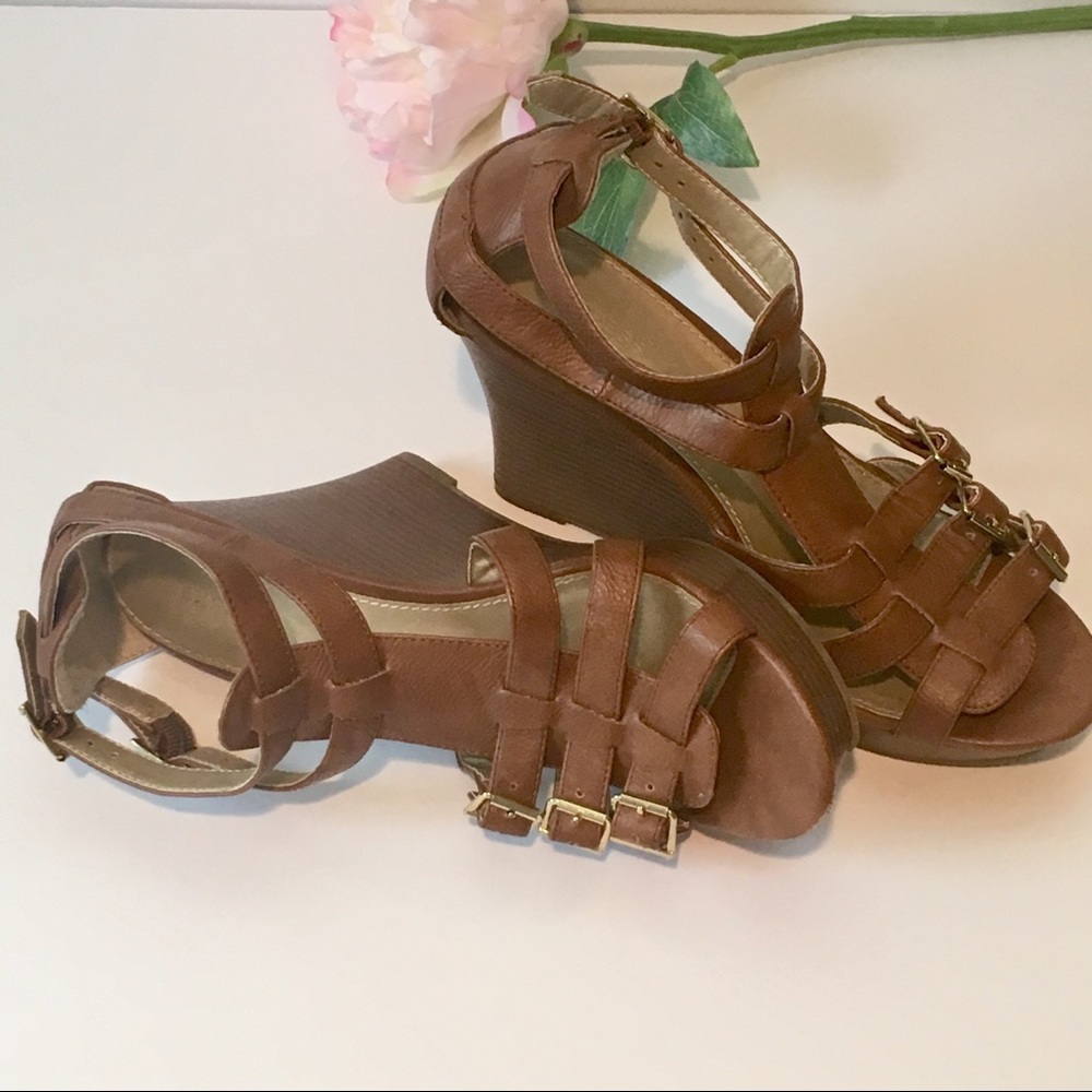 Express light brown gladiator wedge sandals